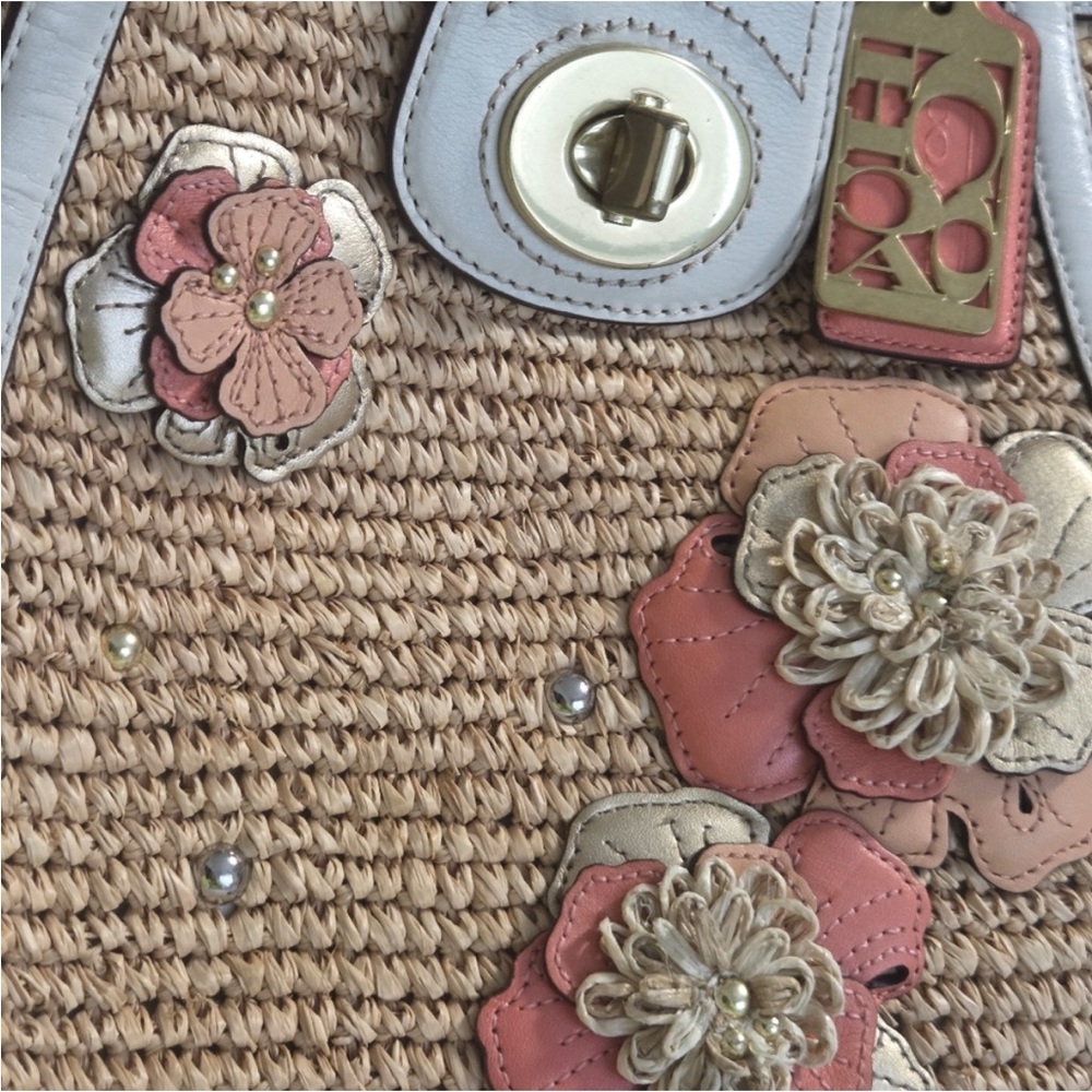 Coach Hampton Leather and Straw Tote with White Trim and Floral Appliqués - Picture 9 of 15